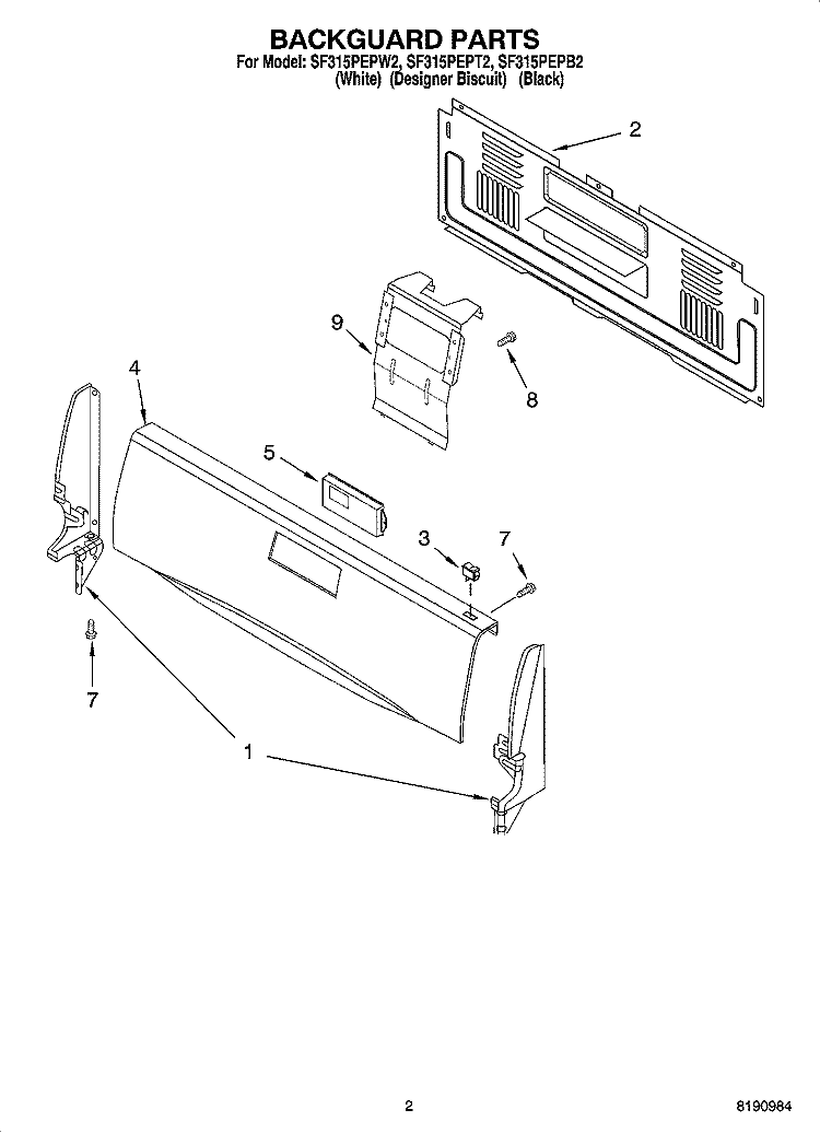 BACKGUARD PARTS Diagram and Parts List for SF315PEPB2  Whirlpool Range