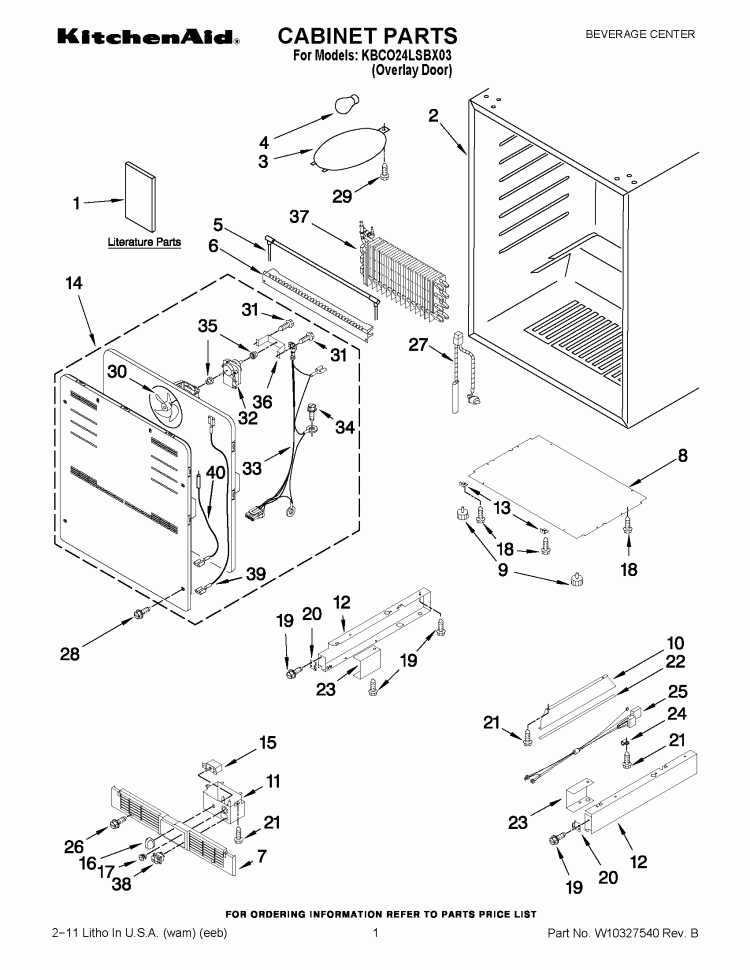 CABINET PARTS Diagram and Parts List for KBCO24LSBX03  KitchenAid Wine and Beverage Cooler