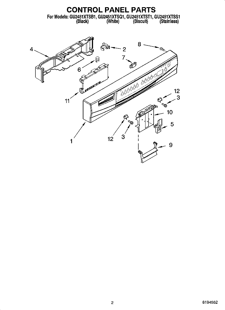 CONTROL PANEL PARTS Diagram and Parts List for GU2451XTST1  Whirlpool Dishwasher