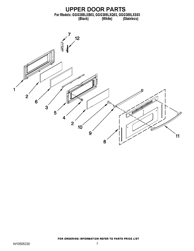 UPPER DOOR PARTS Diagram and Parts List for GGG388LXS03  Whirlpool Range