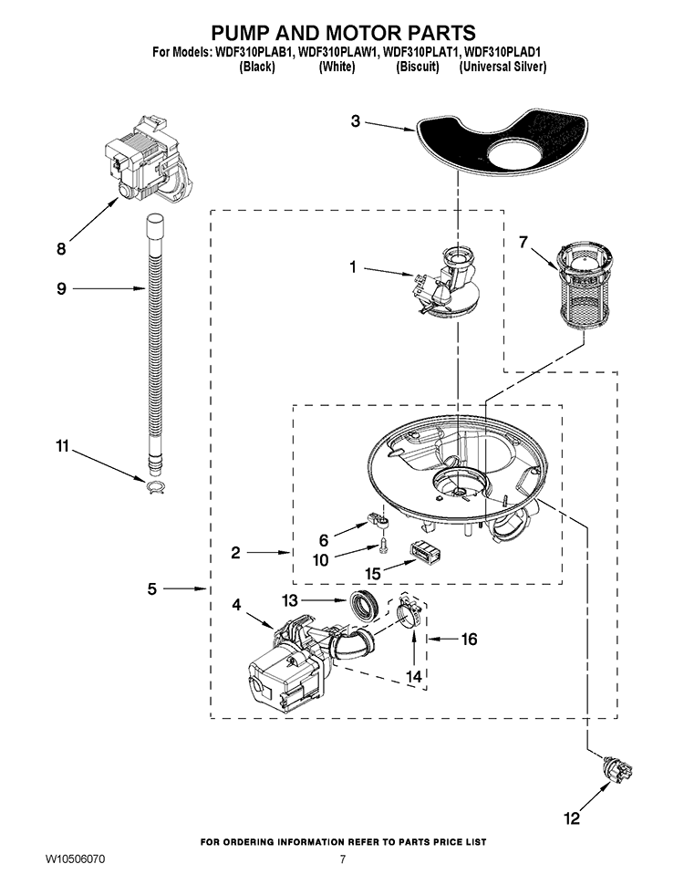 PUMP AND MOTOR PARTS Diagram and Parts List for WDF310PLAD1  Whirlpool Dishwasher