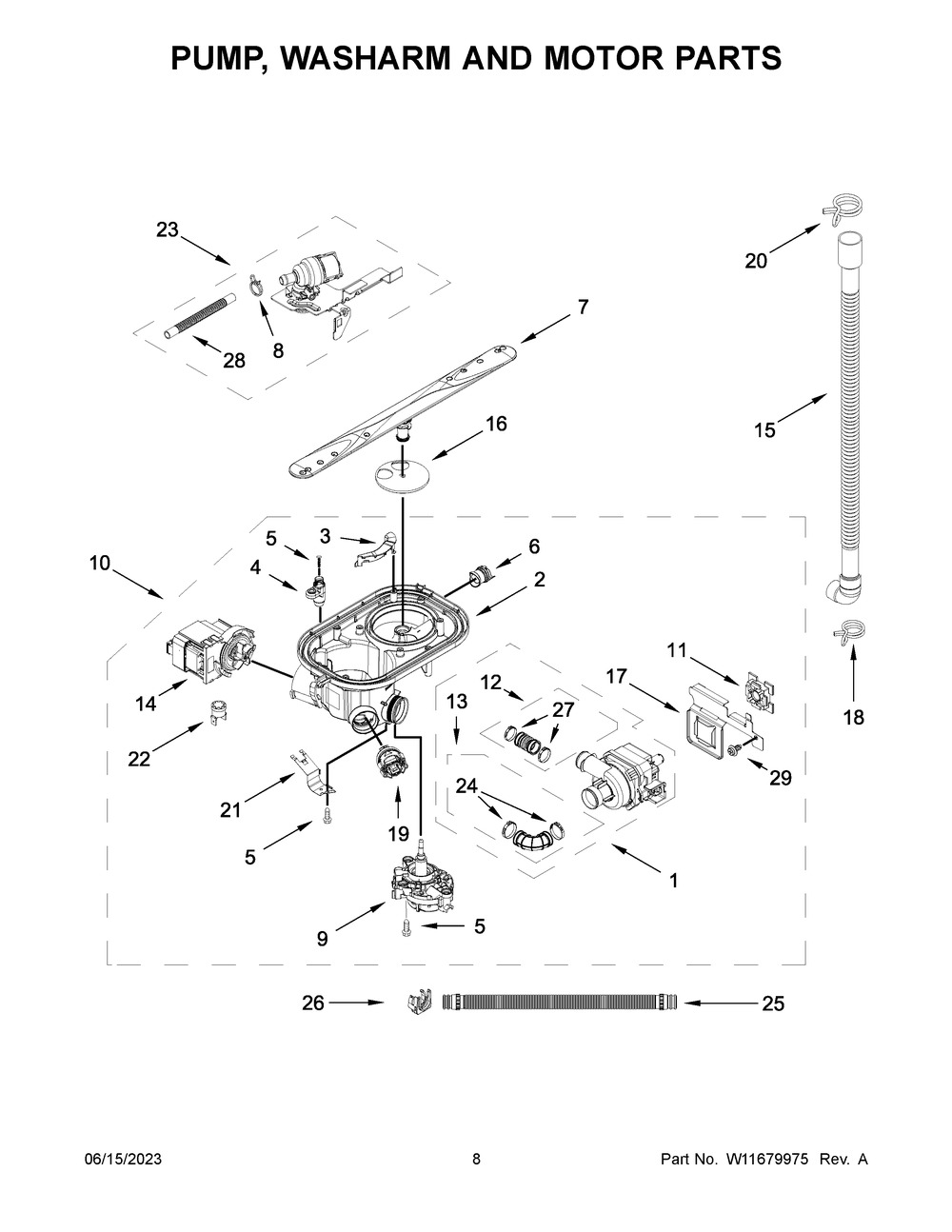 Pump, Washarm And Motor Parts Diagram and Parts List for WDT750SAKB2  Whirlpool Dishwasher