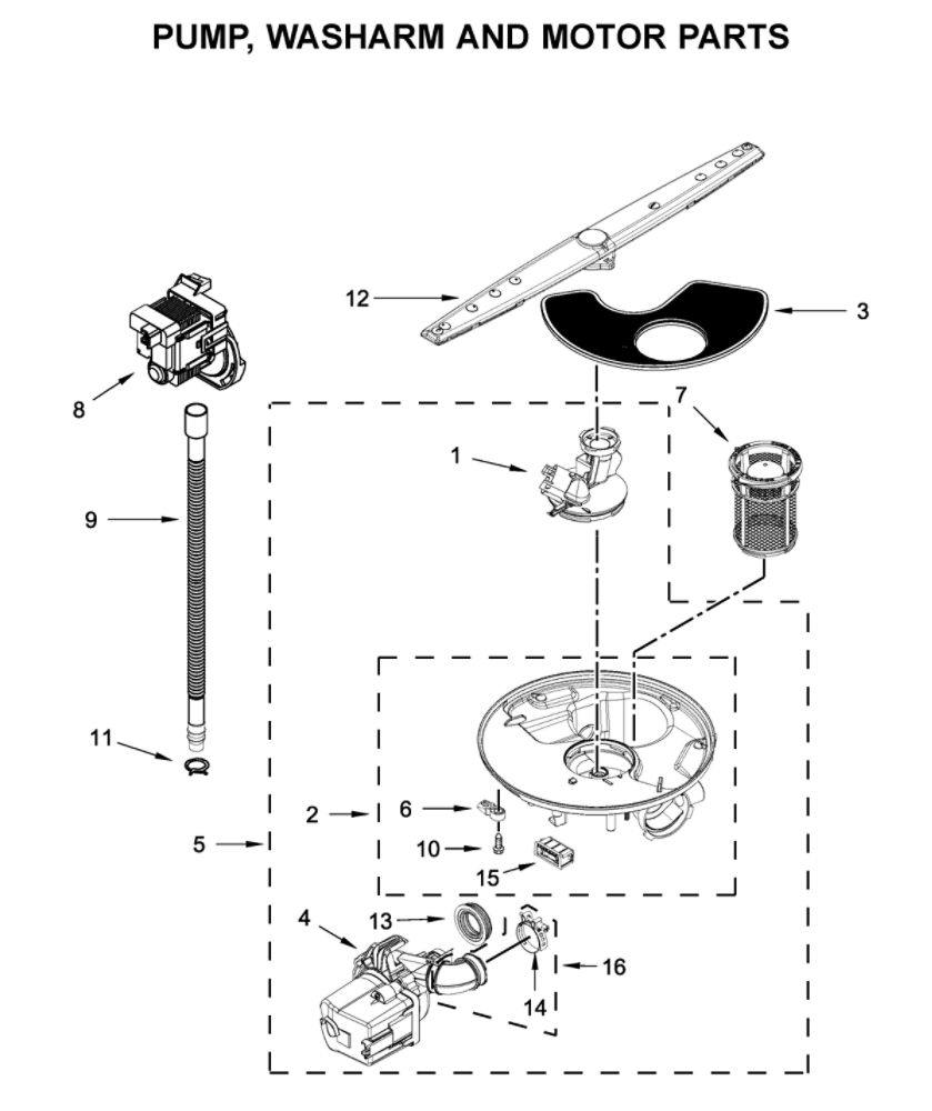 Pump, Washarm And Motor Parts Diagram and Parts List for WDF130PAHB1  Whirlpool Dishwasher