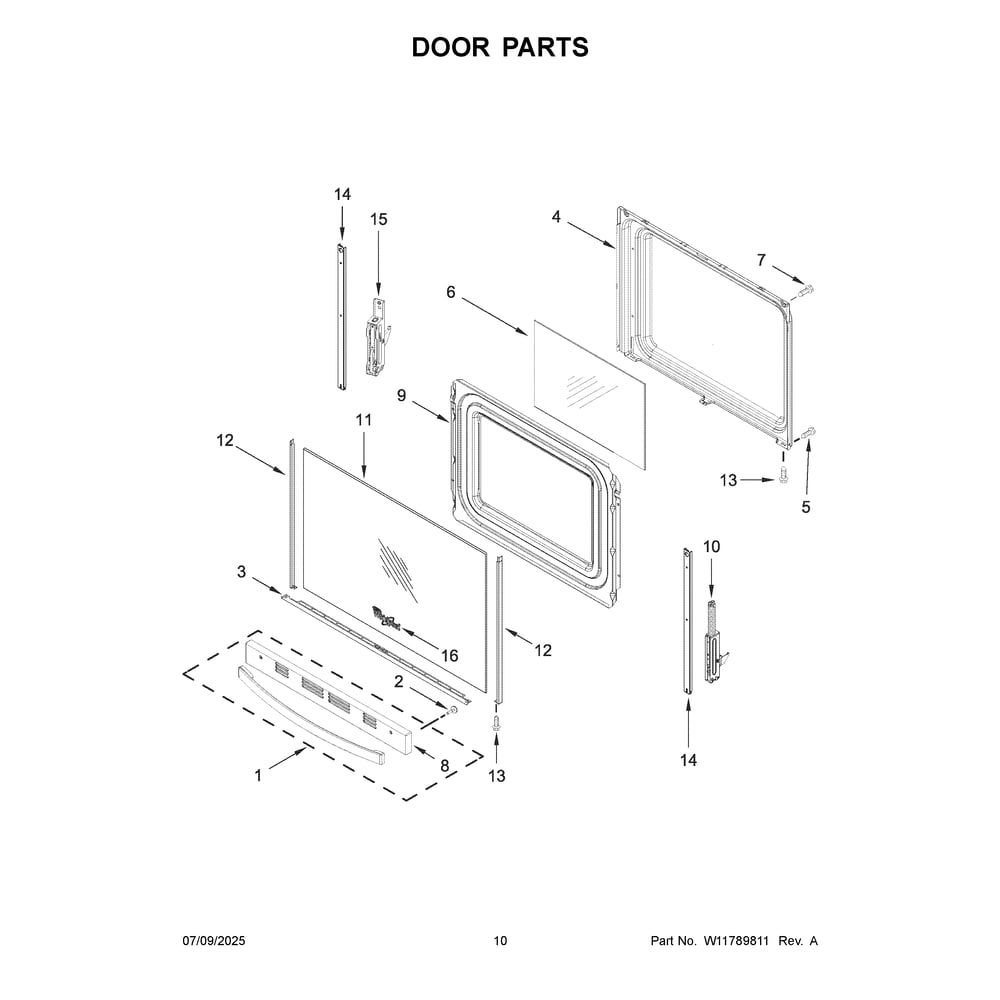 Door Parts Diagram and Parts List for WFGS4530SB0  Whirlpool Range