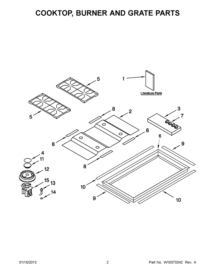 COOKTOP, BURNER AND GRATE PARTS Diagram and Parts List for GLS3064RS02  Whirlpool Cooktop