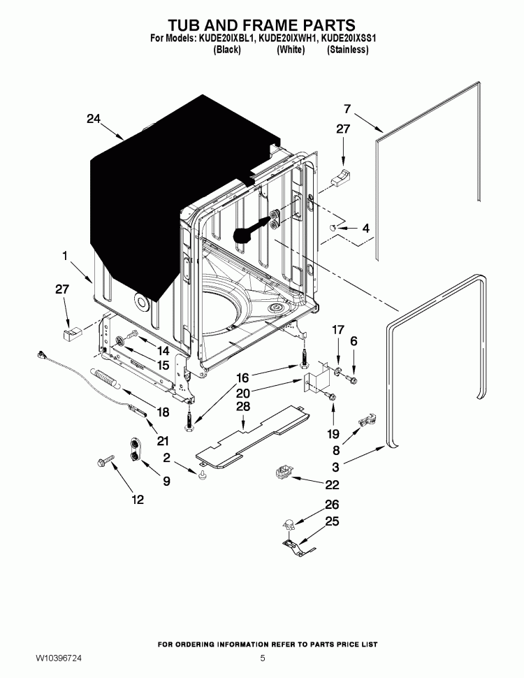 TUB AND FRAME PARTS Diagram and Parts List for KUDE20IXSS1  KitchenAid Dishwasher