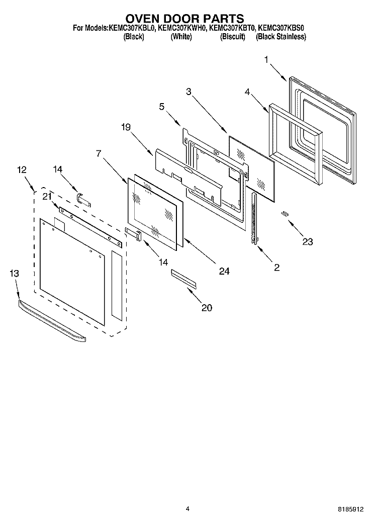 OVEN DOOR Diagram and Parts List for KEMC307KBS0  KitchenAid Microwave Oven Combo