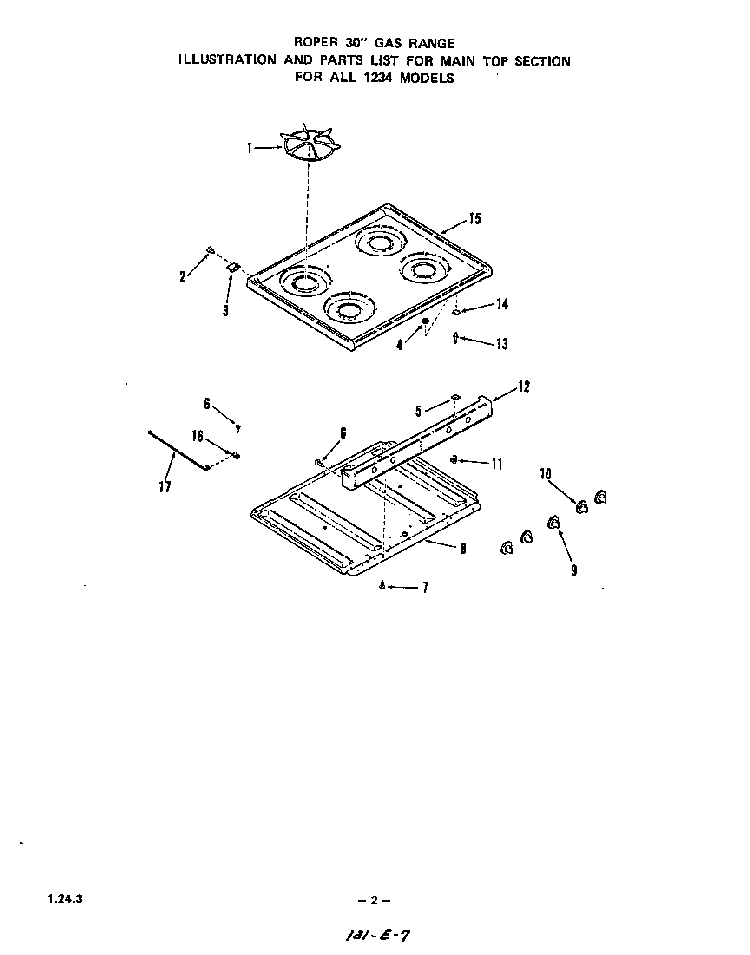 Main Top Diagram and Parts List for 1234*0A  Roper Range