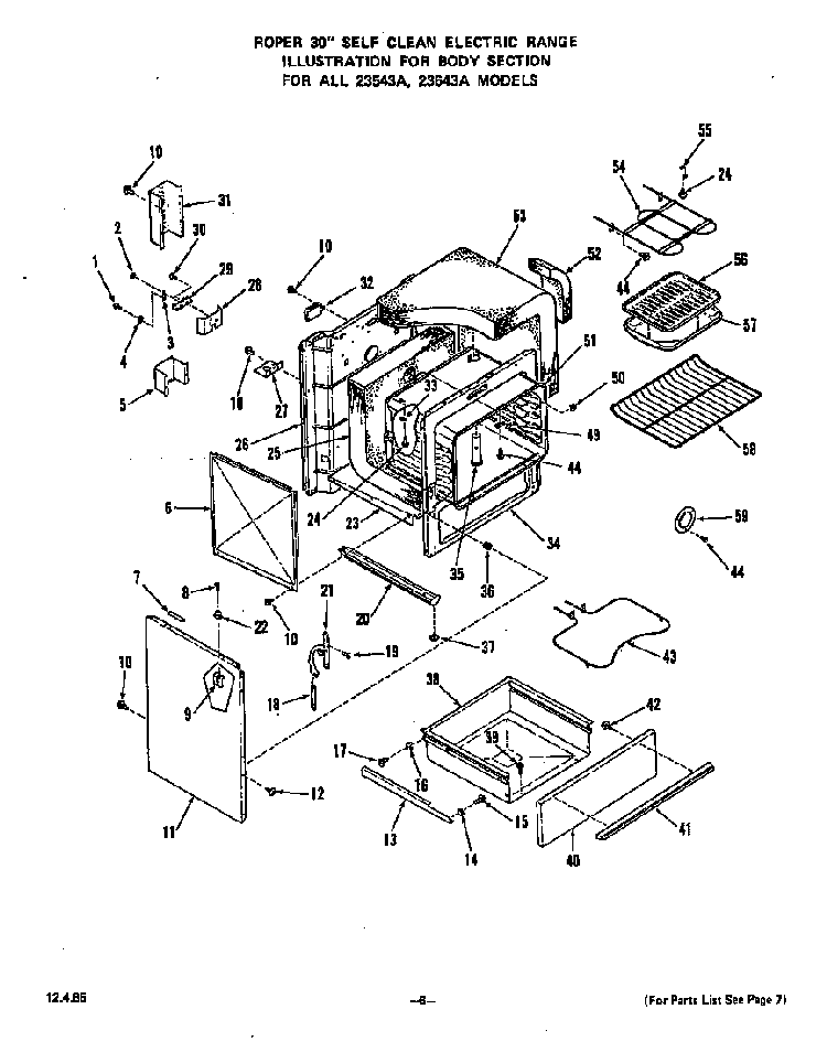 Body Diagram and Parts List for 2354*3A  Roper Range