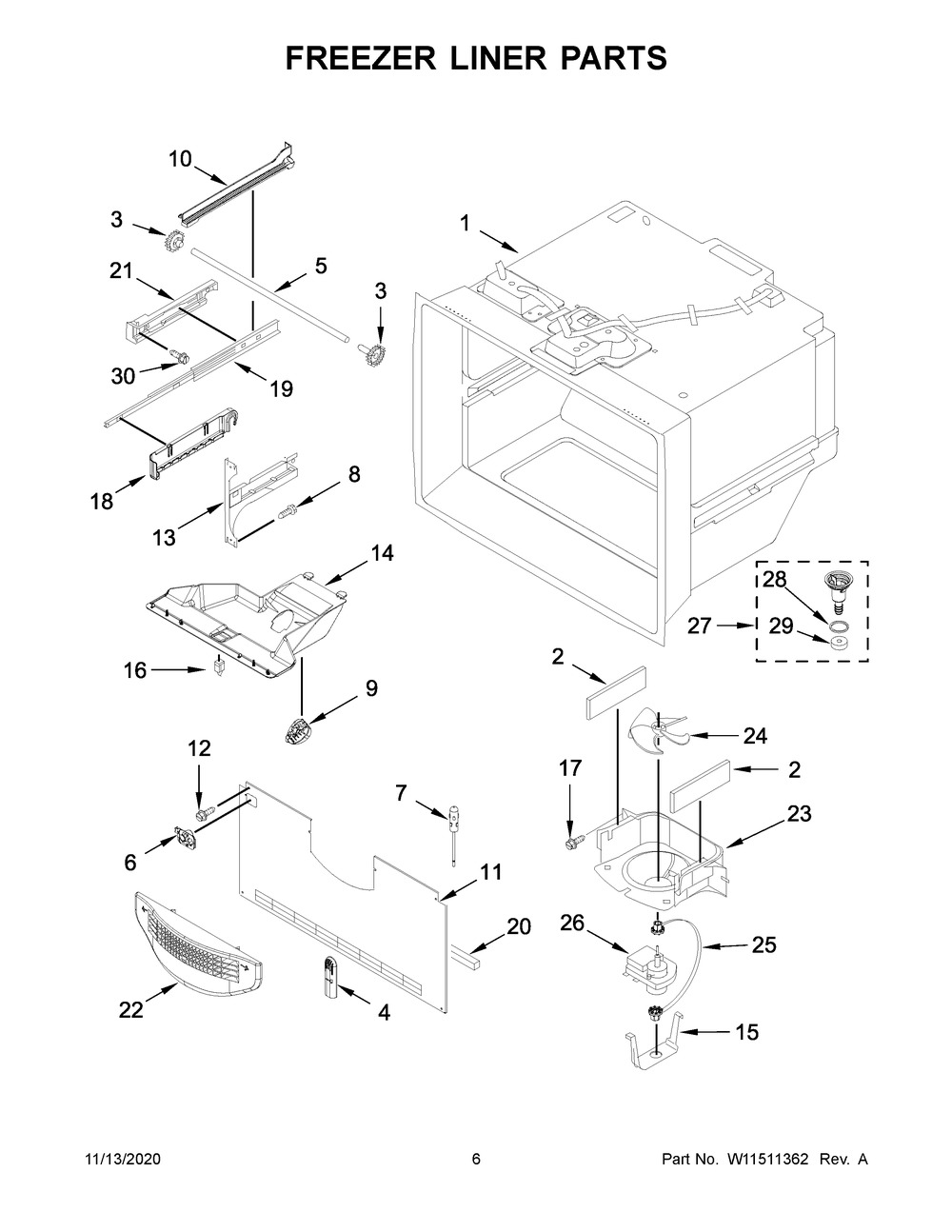 Freezer Liner Parts Diagram and Parts List for KRBR109ESS02  Whirlpool Refrigerator
