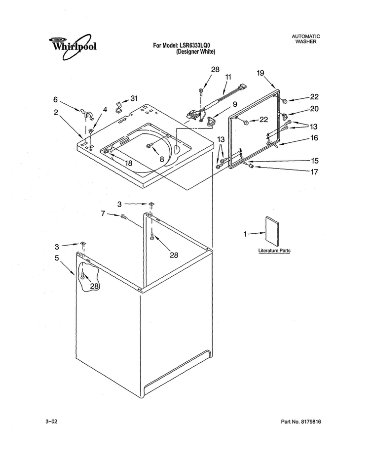 Top & Cabinet Diagram and Parts List for LSR6333LQ0  Whirlpool Washer