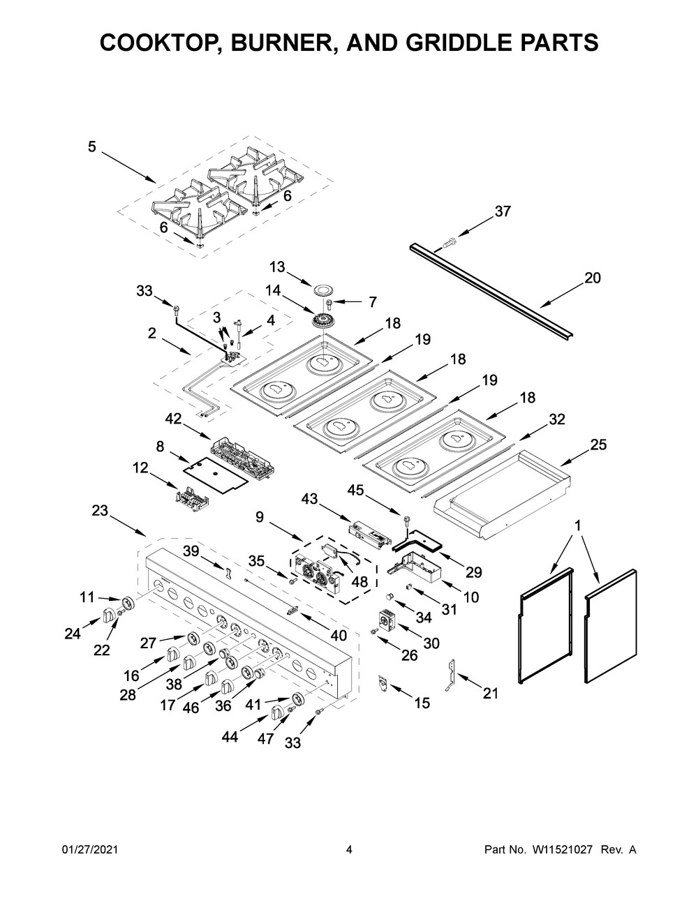 Cooktop, Burner, And Griddle Parts Diagram and Parts List for JDSP548HL01  Whirlpool Range