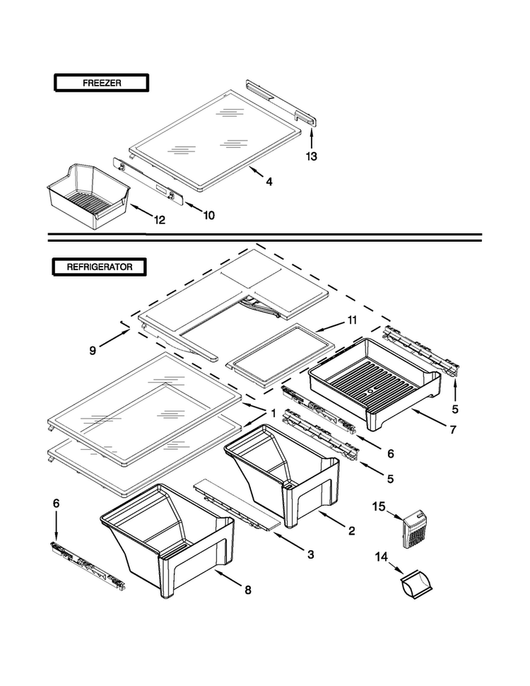 Shelf Parts Diagram and Parts List for 5VWT71REYF00  Whirlpool Refrigerator
