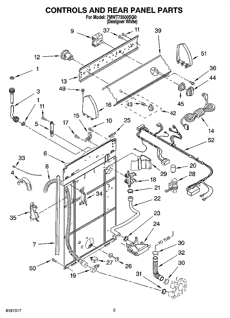 CONTROLS AND REAR PANEL PARTS Diagram and Parts List for 7MWT73500SQ0  Whirlpool Washer