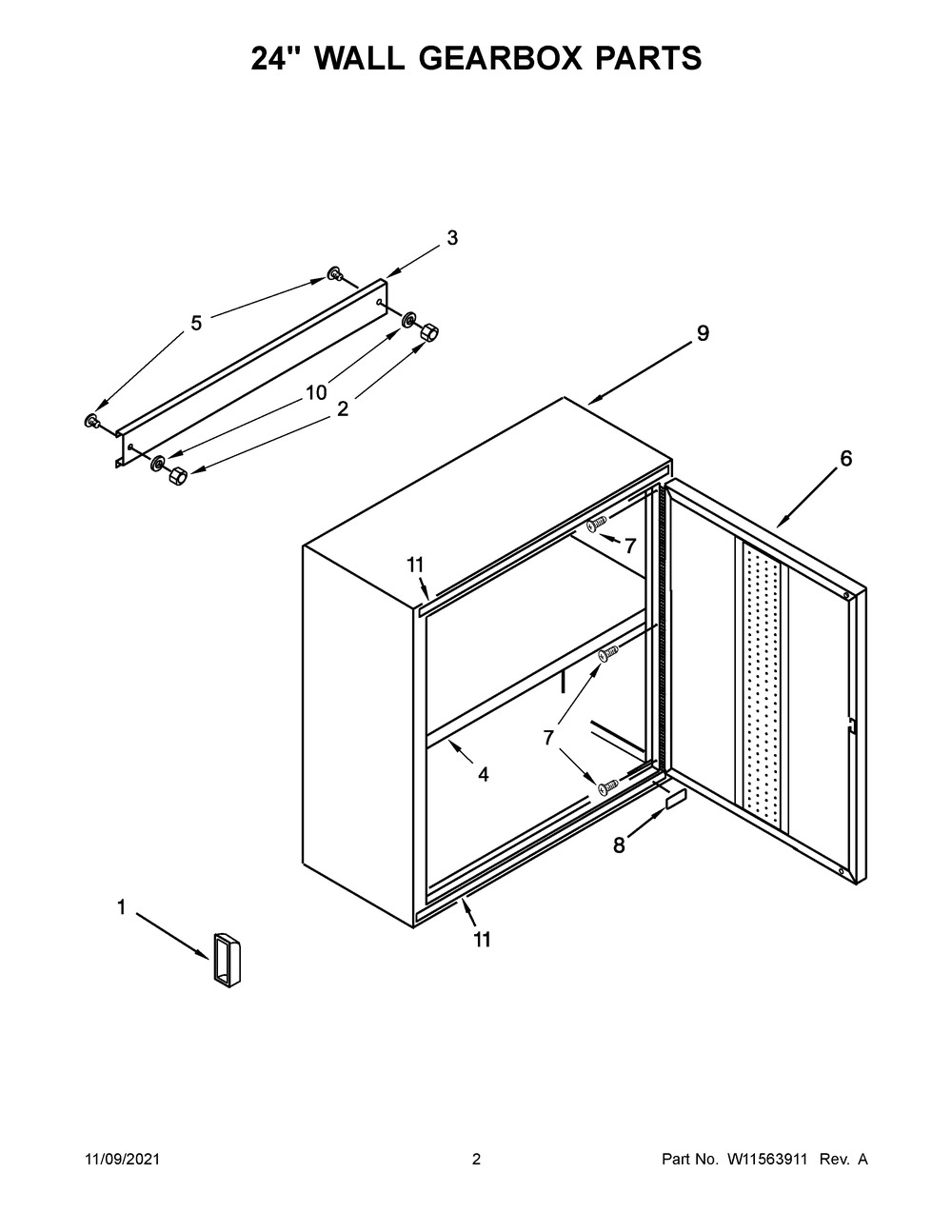 24-Inch Wall Gearbox Parts Diagram and Parts List for GAWG241DKW01  Whirlpool Cabinet