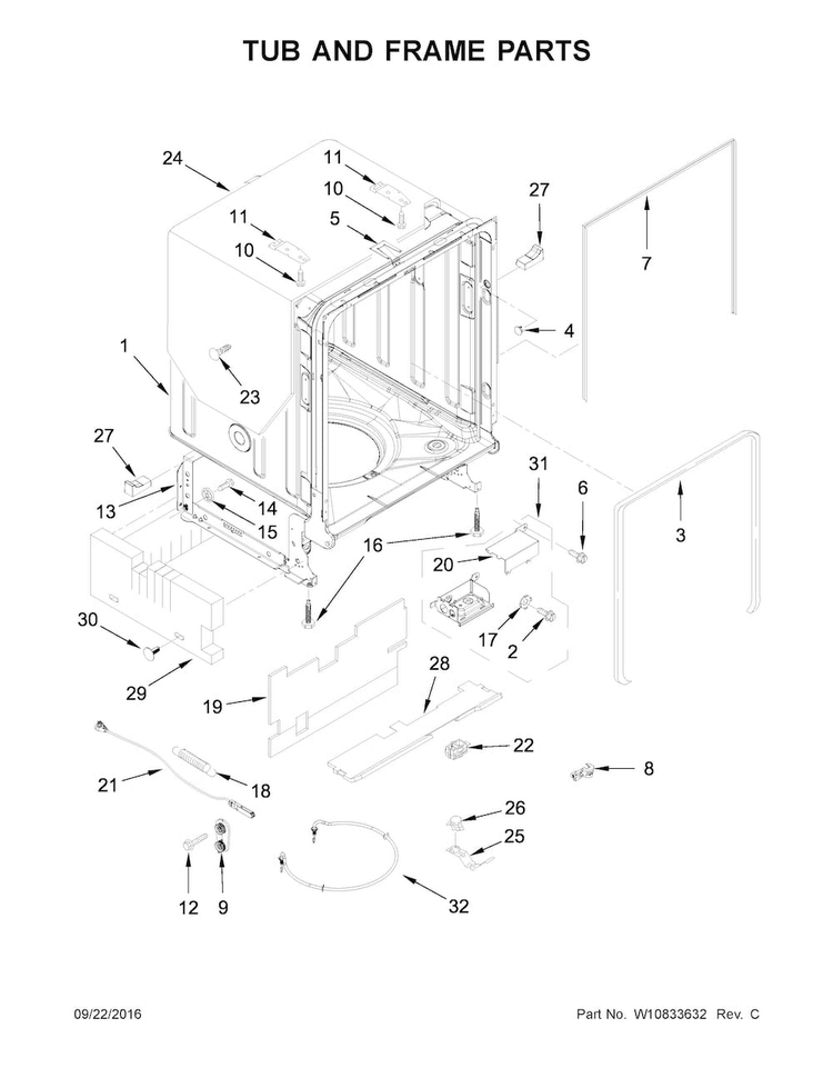 Tub And Frame Parts Diagram and Parts List for KDTM354ESS1  KitchenAid Dishwasher