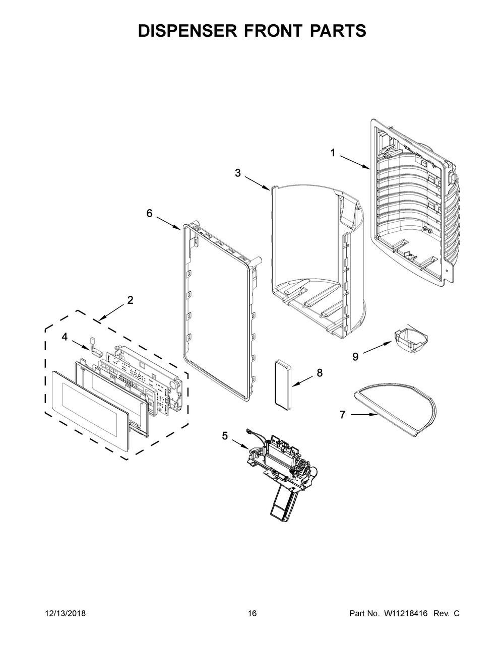 Dispenser Front Parts Diagram and Parts List for WRF757SDHV00  Whirlpool Refrigerator
