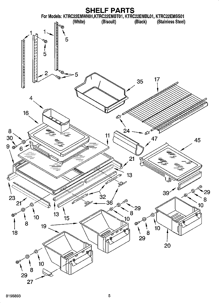 SHELF PARTS Diagram and Parts List for KTRC22EMWH01  KitchenAid Refrigerator