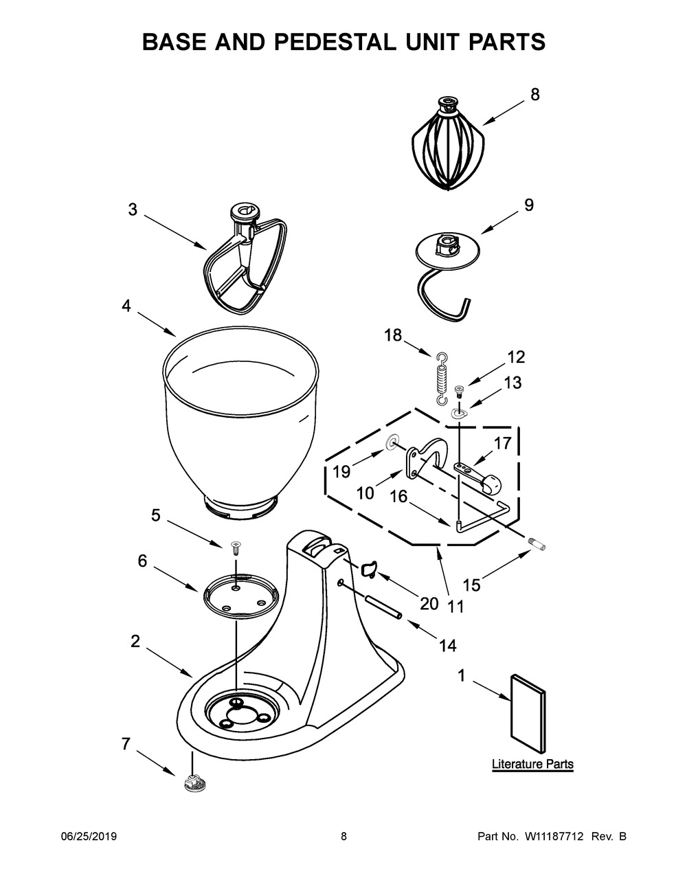 Base And Pedestal Unit Parts Diagram and Parts List for 3KSM95TCZ0  Whirlpool Mixer