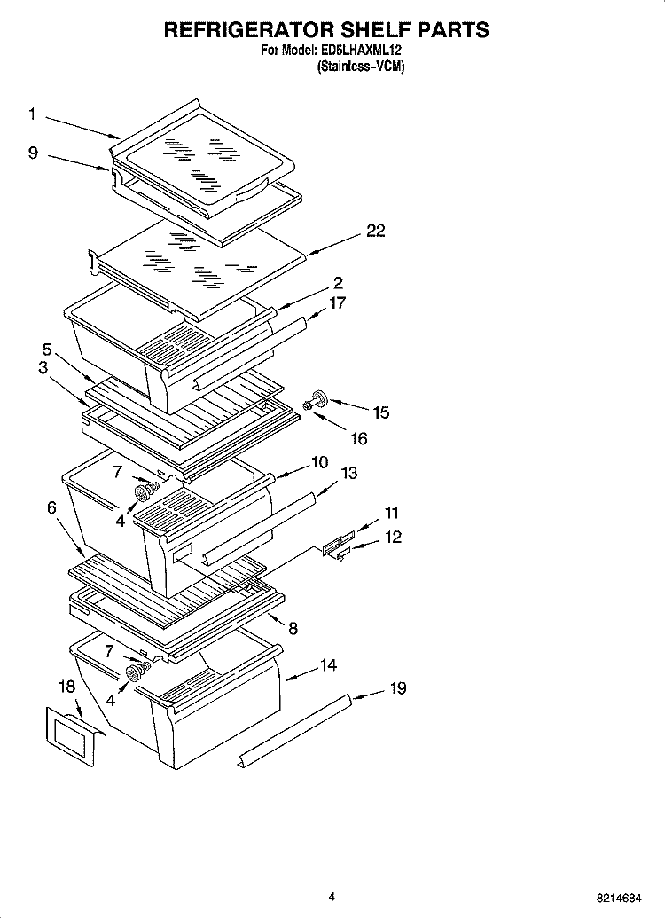 REFRIGERATOR SHELF PARTS Diagram and Parts List for ED5LHAXML12  Whirlpool Refrigerator