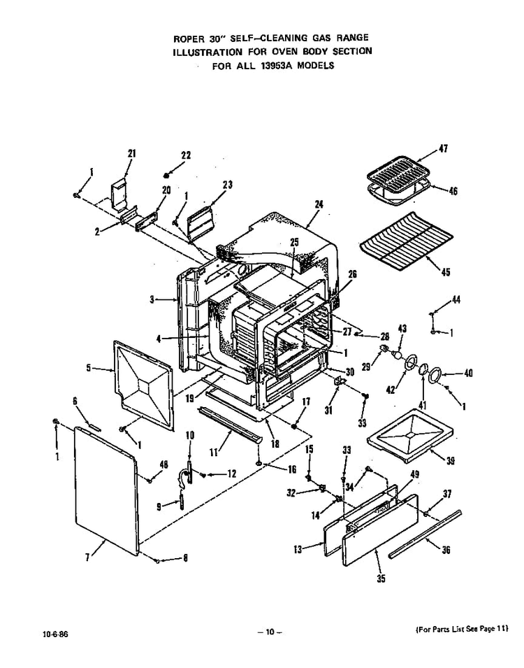 Oven Body Diagram and Parts List for 1395*3A  Roper Range