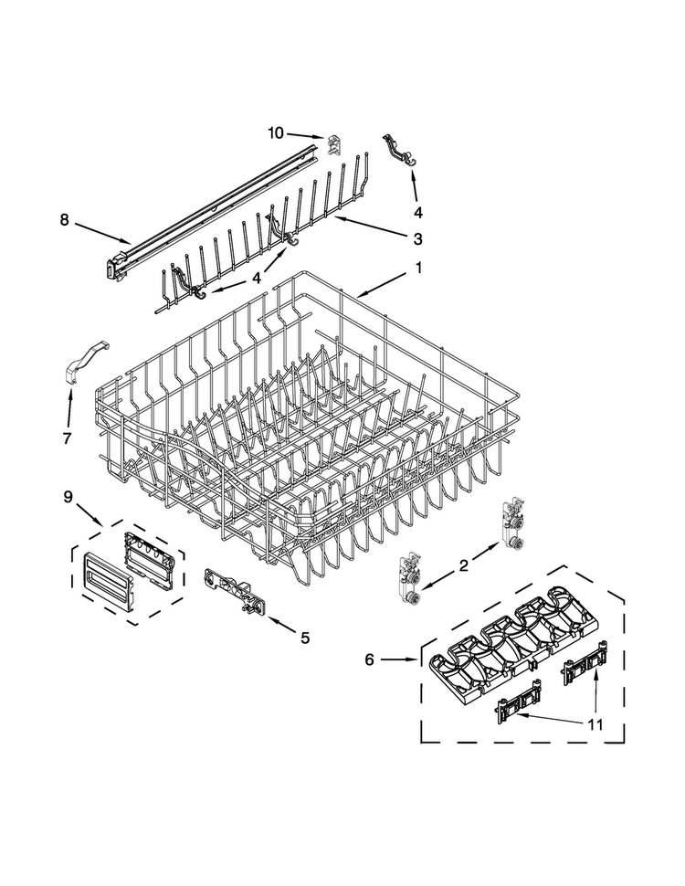 Upper Rack And Track Parts Diagram and Parts List for KUDL15FXSS7  KitchenAid Dishwasher