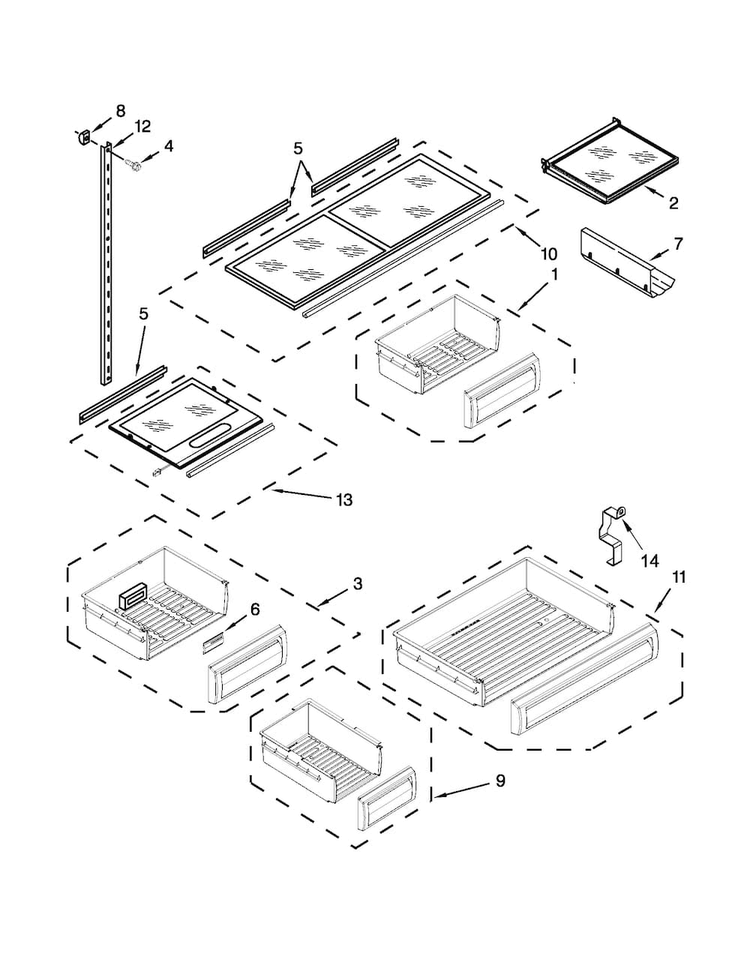 Shelf Parts Diagram and Parts List for KBFO42FTX08  KitchenAid Refrigerator