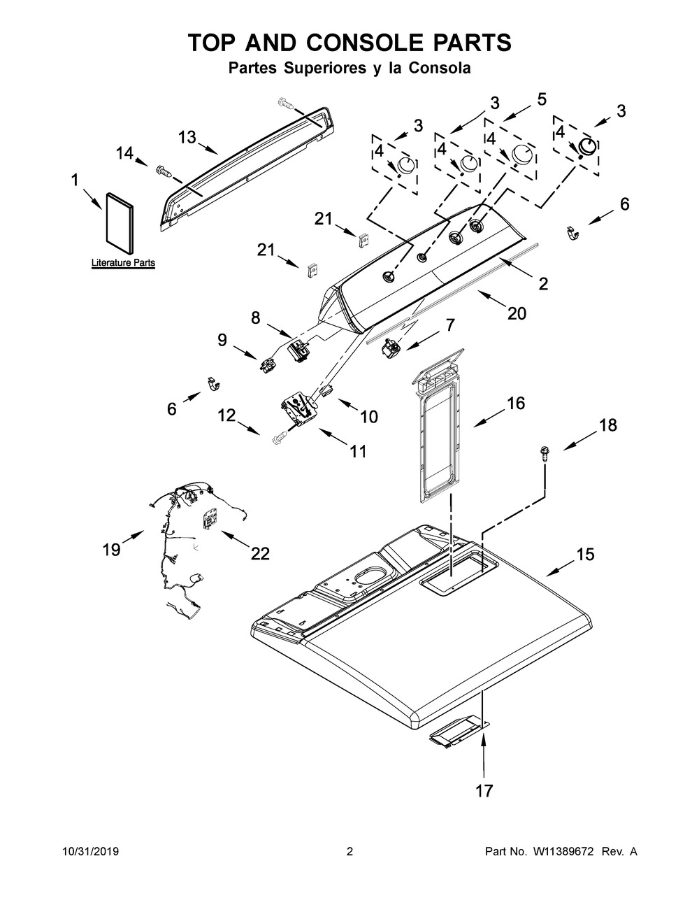 Top And Console Parts Diagram and Parts List for 7MWGD2040JM0  Whirlpool Dryer