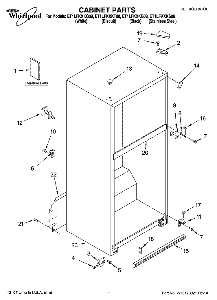 CABINET PARTS Diagram and Parts List for ET1LFKXKQ08  Whirlpool Refrigerator