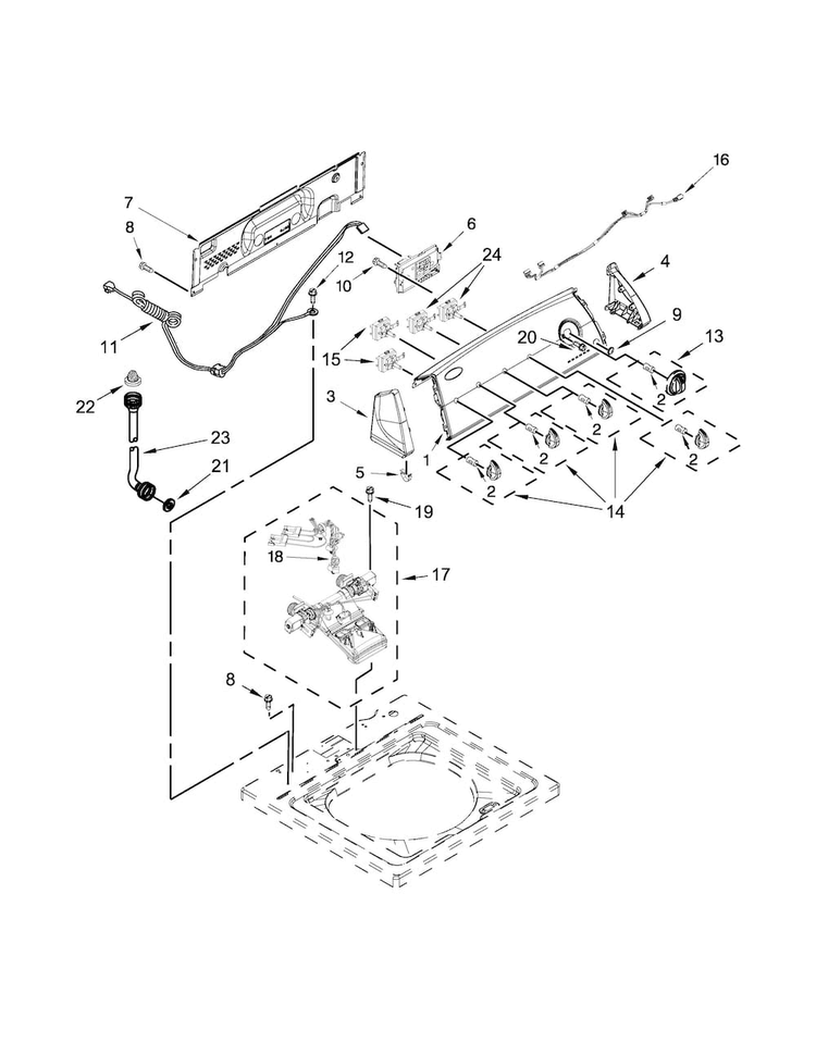 Controls And Water Inlet Parts Diagram and Parts List for 7MWTW1899BQ0  Whirlpool Washer