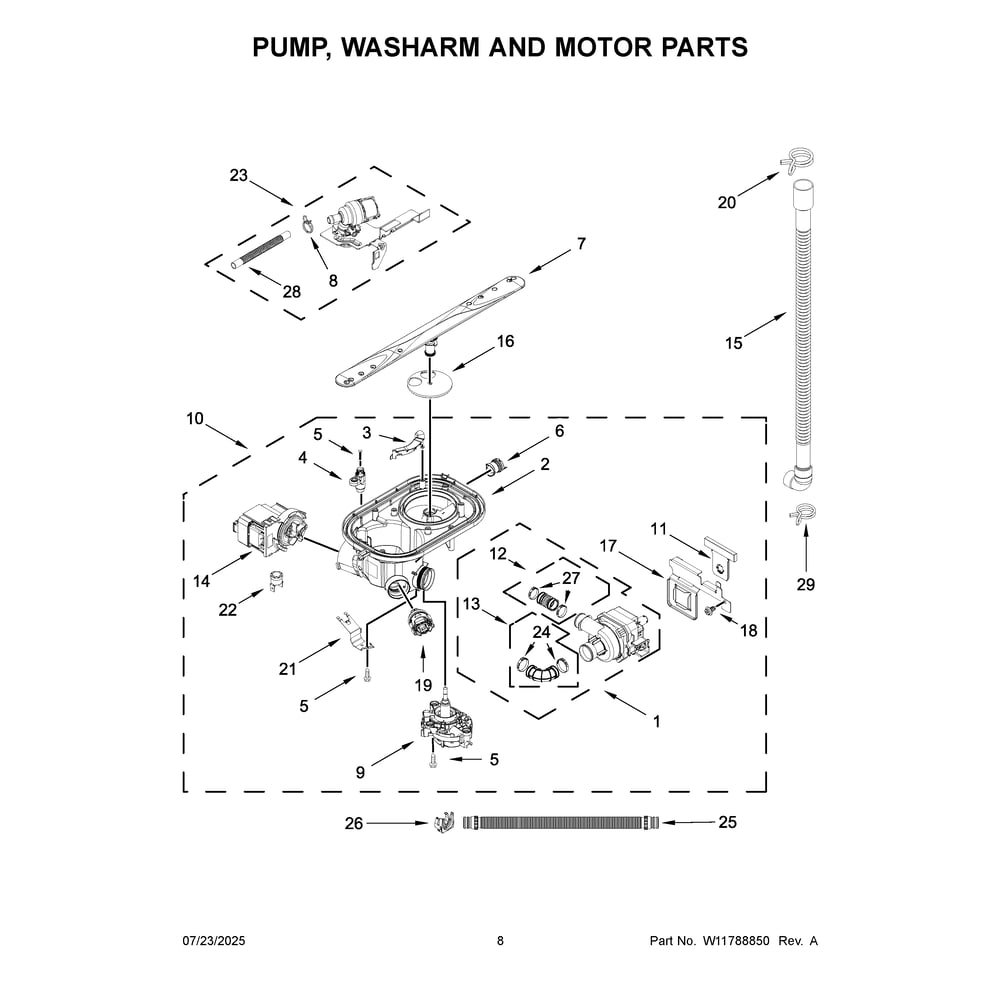 Pump, Washarm And Motor Parts Diagram and Parts List for KDTS324SPS0  KitchenAid Dishwasher