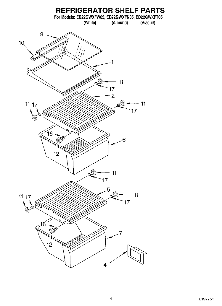 REFRIGERATOR SHELF Diagram and Parts List for ED22GWXFT05  Whirlpool Refrigerator