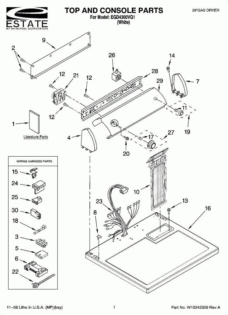 TOP AND CONSOLE PARTS Diagram and Parts List for EGD4300VQ1  Estate Dryer