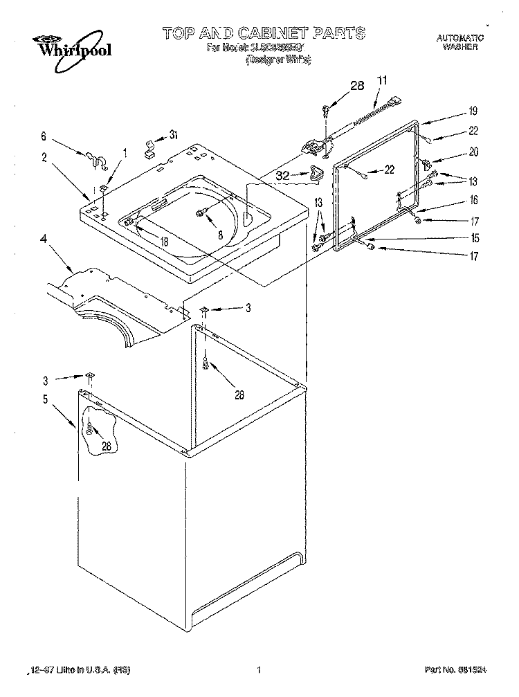 TOP AND CABINET Diagram and Parts List for 3LSC8255EQ1  Whirlpool Washer