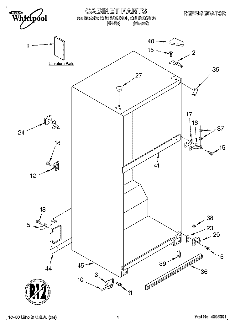 CABINET, LITERATURE Diagram and Parts List for ET21NKXJW01  Whirlpool Refrigerator