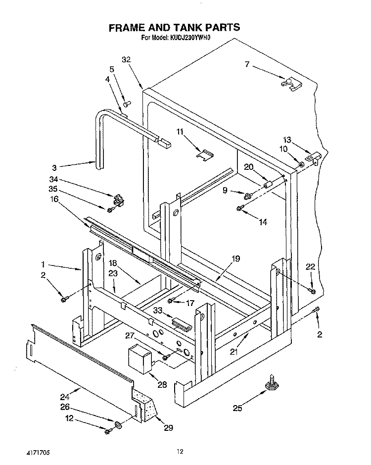 FRAME AND TANK Diagram and Parts List for KUDJ230YWH0  KitchenAid Dishwasher