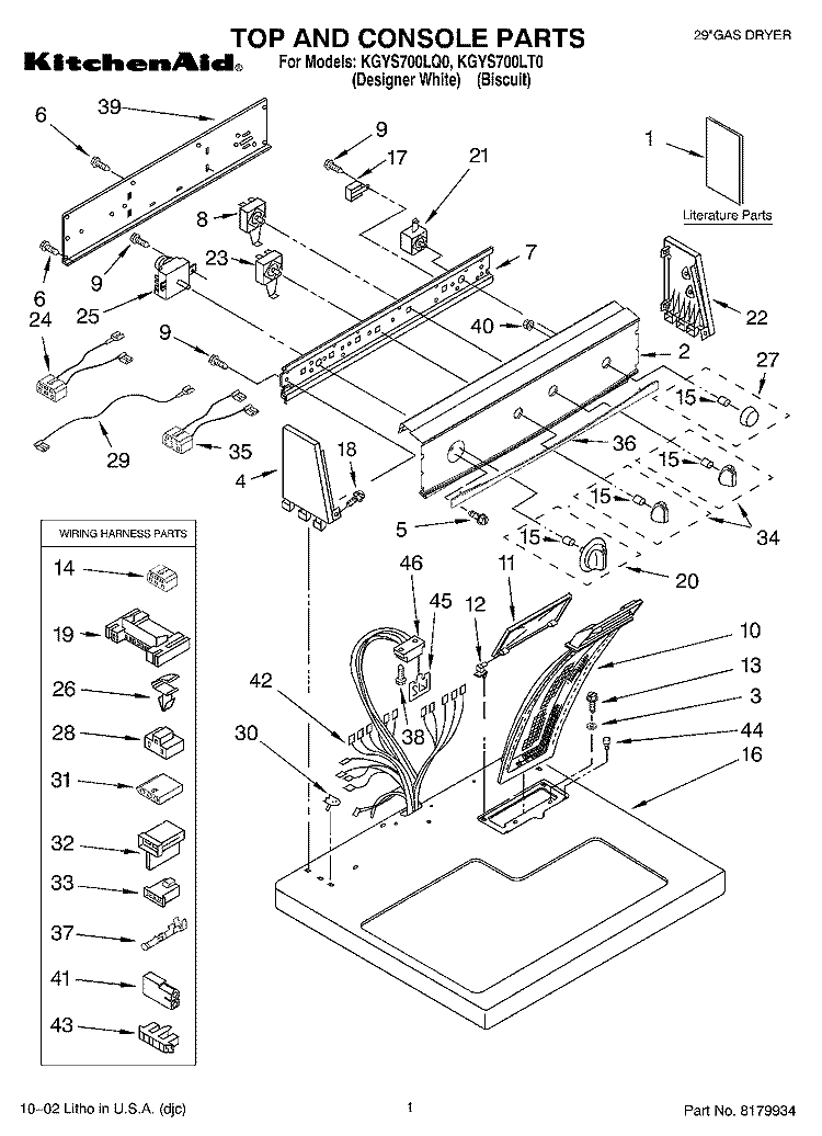 TOP AND CONSOLE, LITERATURE Diagram and Parts List for KGYS700LT0  KitchenAid Dryer
