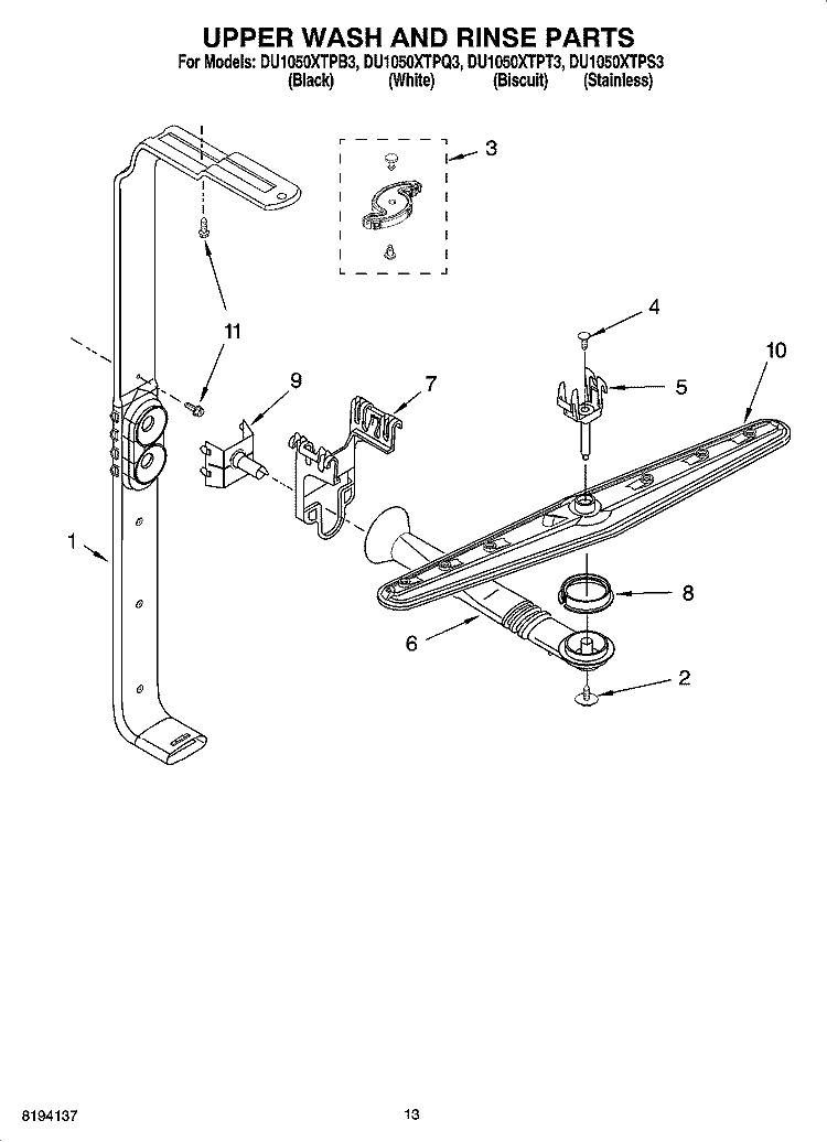 UPPER WASH AND RINSE PARTS Diagram and Parts List for DU1050XTPB3  Whirlpool Dishwasher