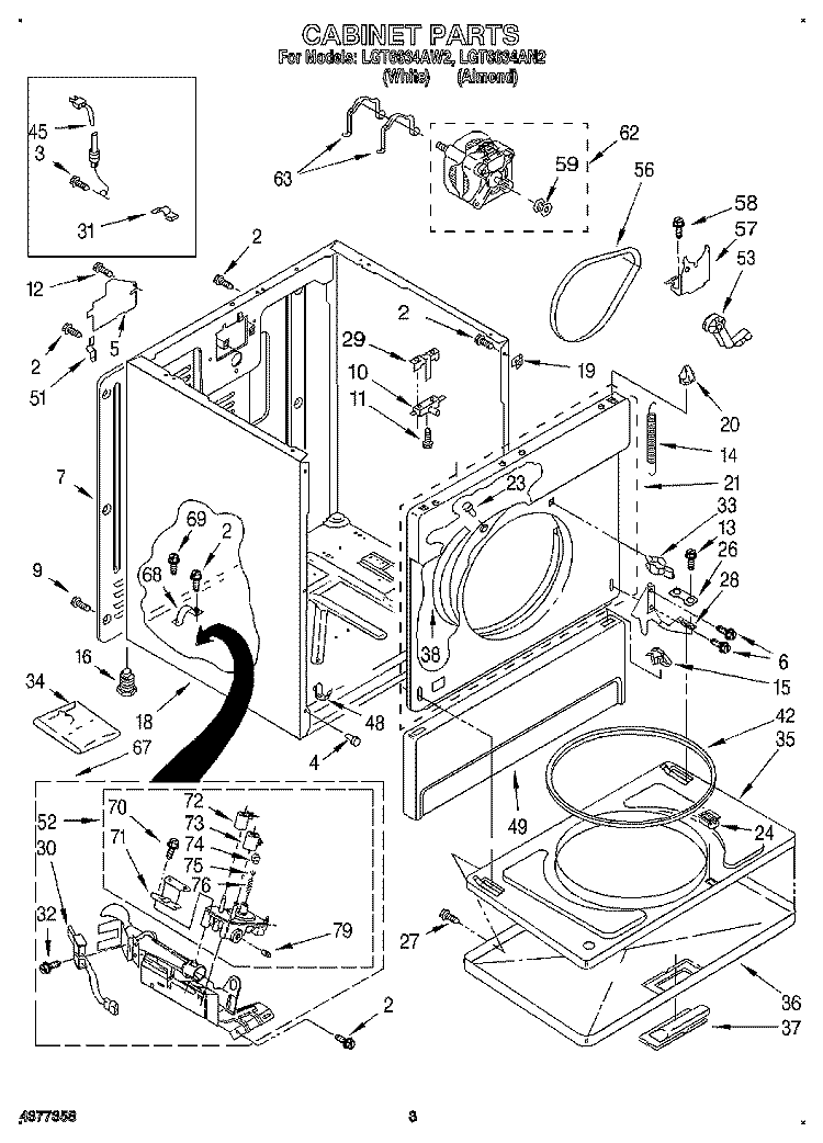 CABINET Diagram and Parts List for LGT6634AW2  Whirlpool Dryer