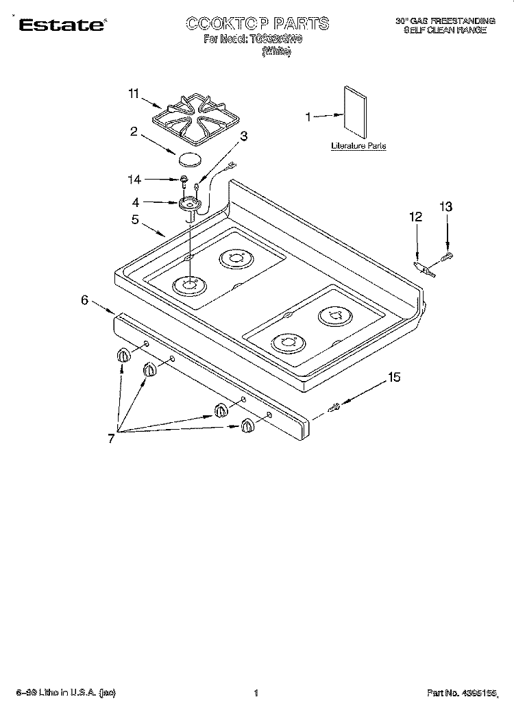 COOKTOP, LITERATURE Diagram and Parts List for TGS325GW0  Estate Range