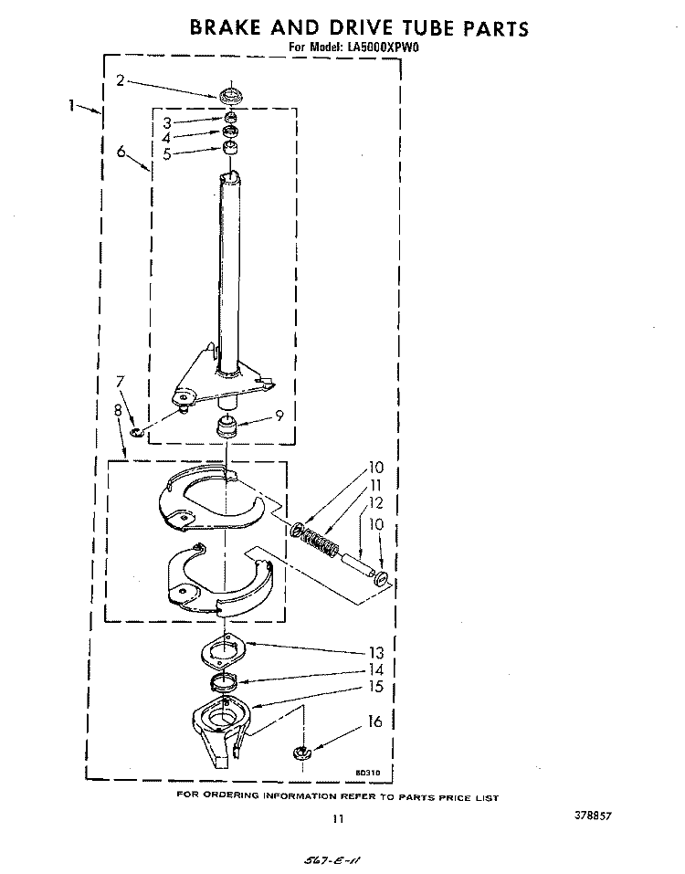 BRAKE AND DRIVE TUBE Diagram and Parts List for LA5000XPW0  Whirlpool Washer