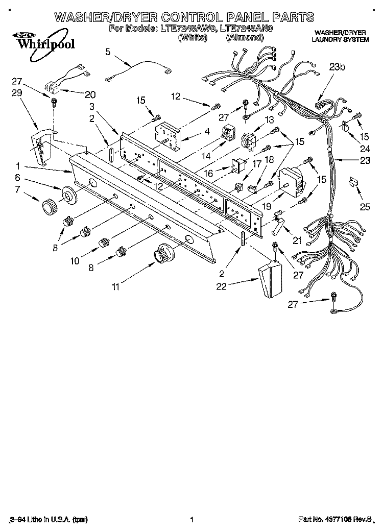 WASHER/DRYER CONTROL PANEL Diagram and Parts List for LTE7245AN0  Whirlpool Washer Dryer Combo