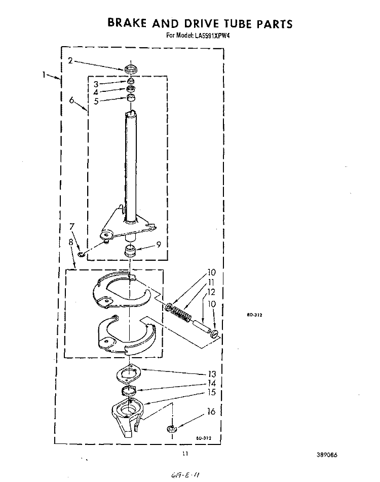 BRAKE AND DRIVE TUBE Diagram and Parts List for LA5591XPW4  Whirlpool Washer