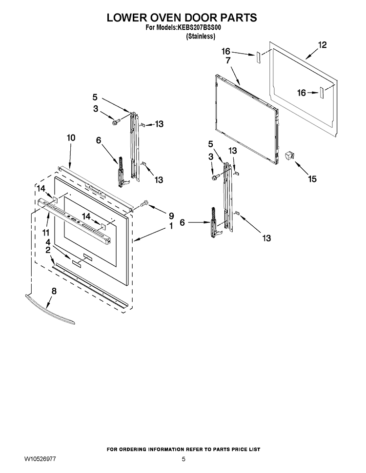 LOWER OVEN DOOR PARTS Diagram and Parts List for KEBS207BSS00  KitchenAid Wall Oven