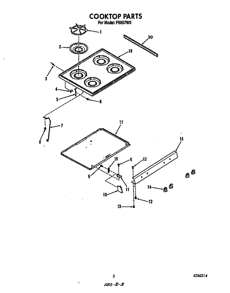 Cook Top Diagram and Parts List for F6857*0  Roper Range