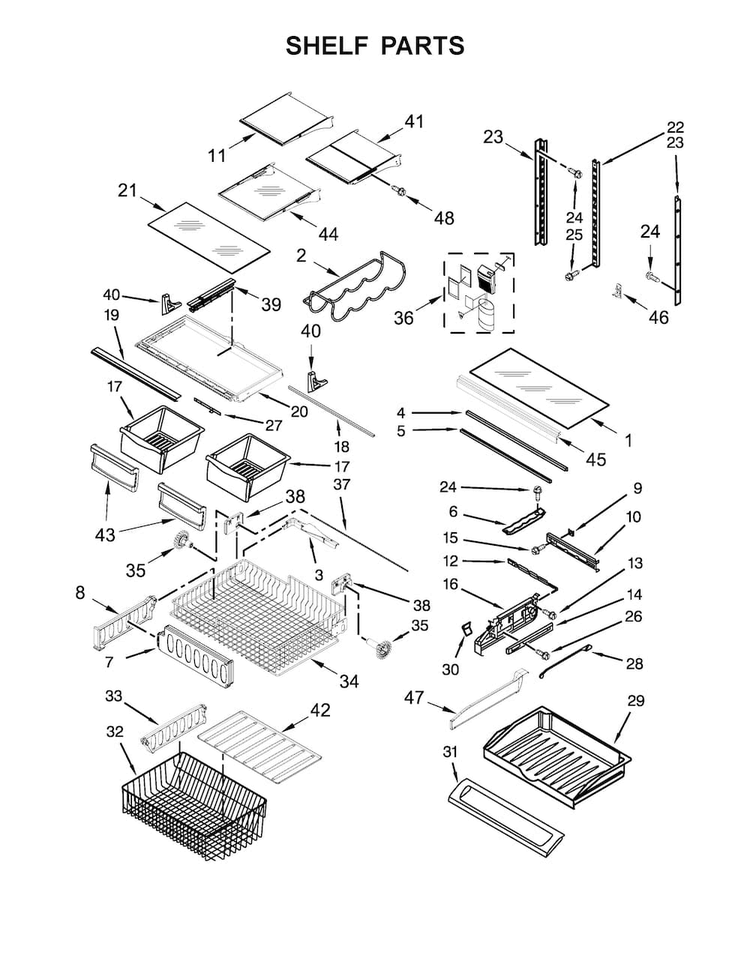 Shelf Parts Diagram and Parts List for KRFF302EBL01  KitchenAid Refrigerator