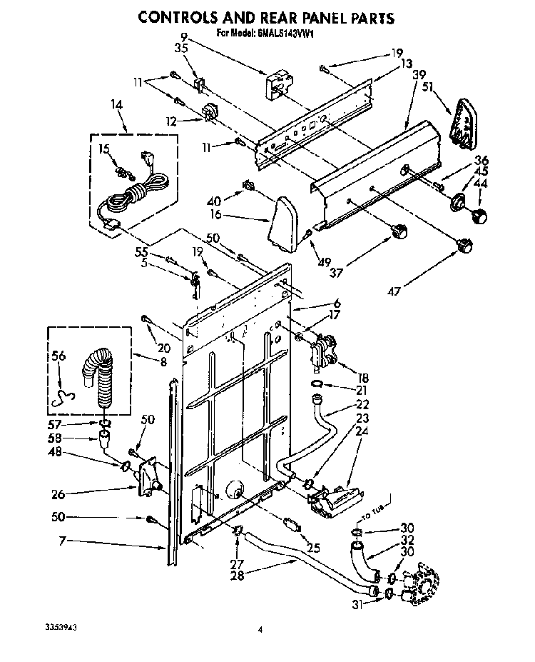 Controls And Rear Panel Diagram and Parts List for 6MAL5143VW1  Whirlpool Washer