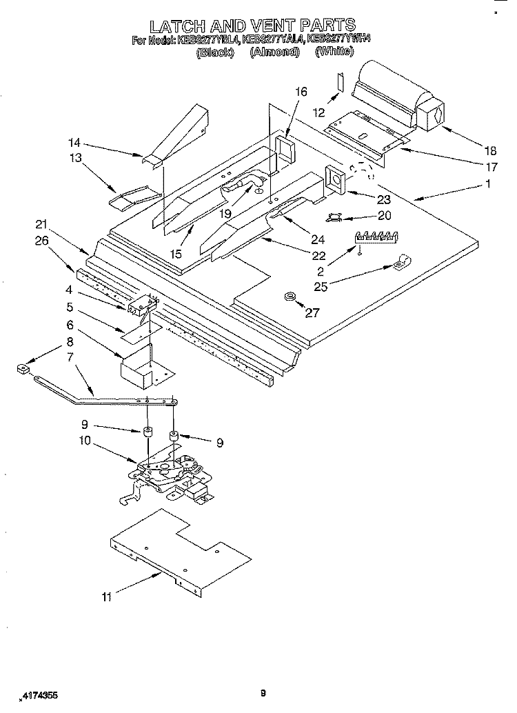 LATCH AND VENT Diagram and Parts List for KEBS277YBL4  KitchenAid Wall Oven