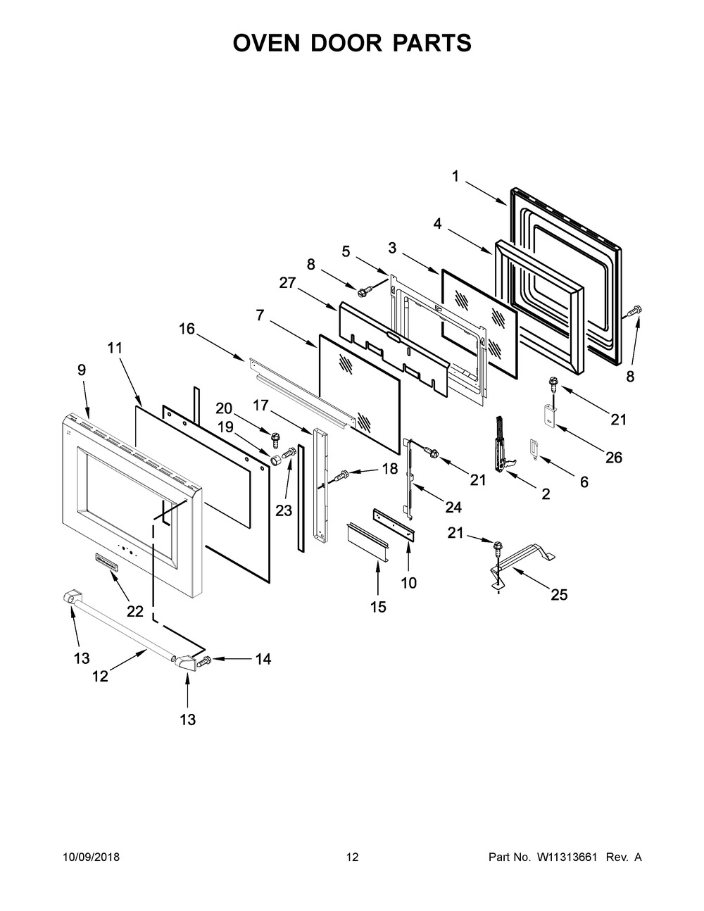 Oven Door Parts Diagram and Parts List for KDRS467VMB00  Whirlpool Range