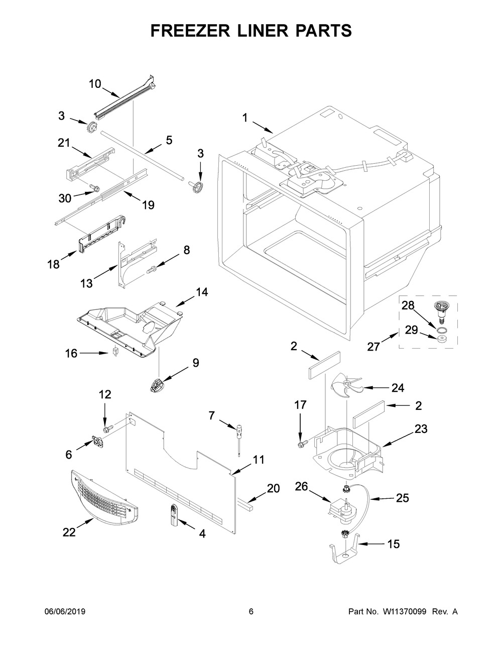 Freezer Liner Parts Diagram and Parts List for KRBR109ESS01  Whirlpool Refrigerator